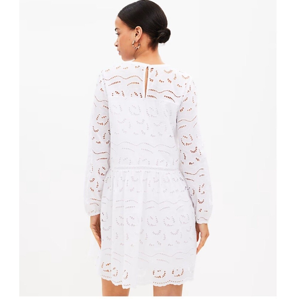 NEW! Women's LOFT Eyelet Long Sleeve Mini Tiered Swing Dress, White XS - Picture 2 of 12
